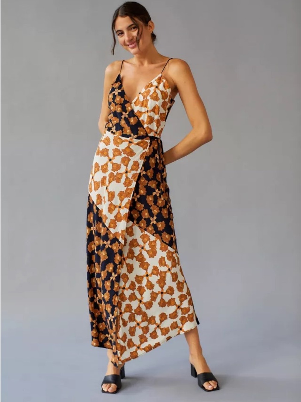MINKPINK Floral Wrap Maxi Dress with Spaghetti Straps in Black and Brown